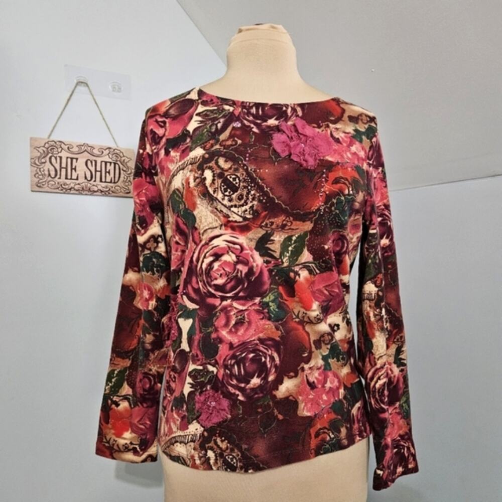 Coldwater Creek Womens Beaded Embellished Rosette Floral Top Red Pink Medium